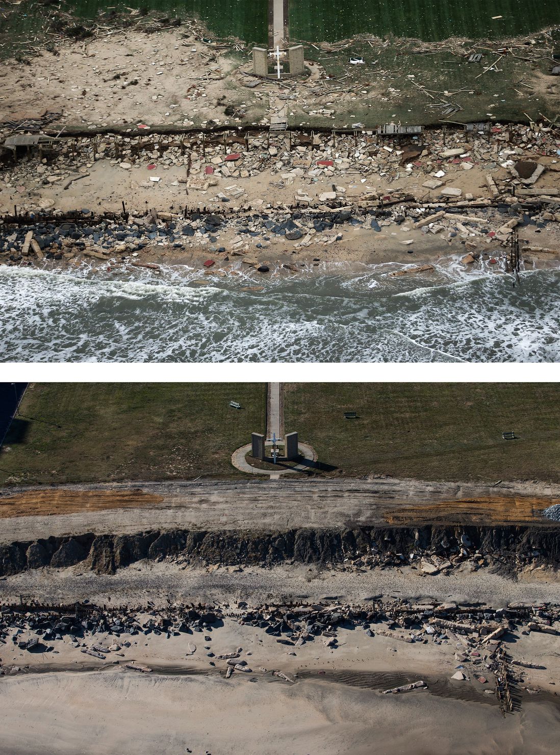 [Top] A church cross stands amid wreckage from Superstorm Sandy at the edge of the Atlantic Ocean on October 31, 2012 in Long Branch, New Jersey. [Bottom] The cross is shown October 21, 2013 in Long Branch, New Jersey.